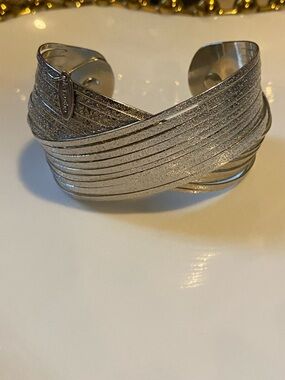 Natasha Couture Silver Multi-Band Crossover Cuff Bracelet